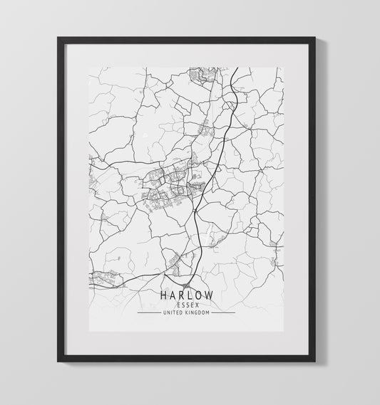 City Map Print - Harlow - Essex UK City Map 16x20 16x20 Gallery Framed Artworkd Artwork wall art print – vintage decor