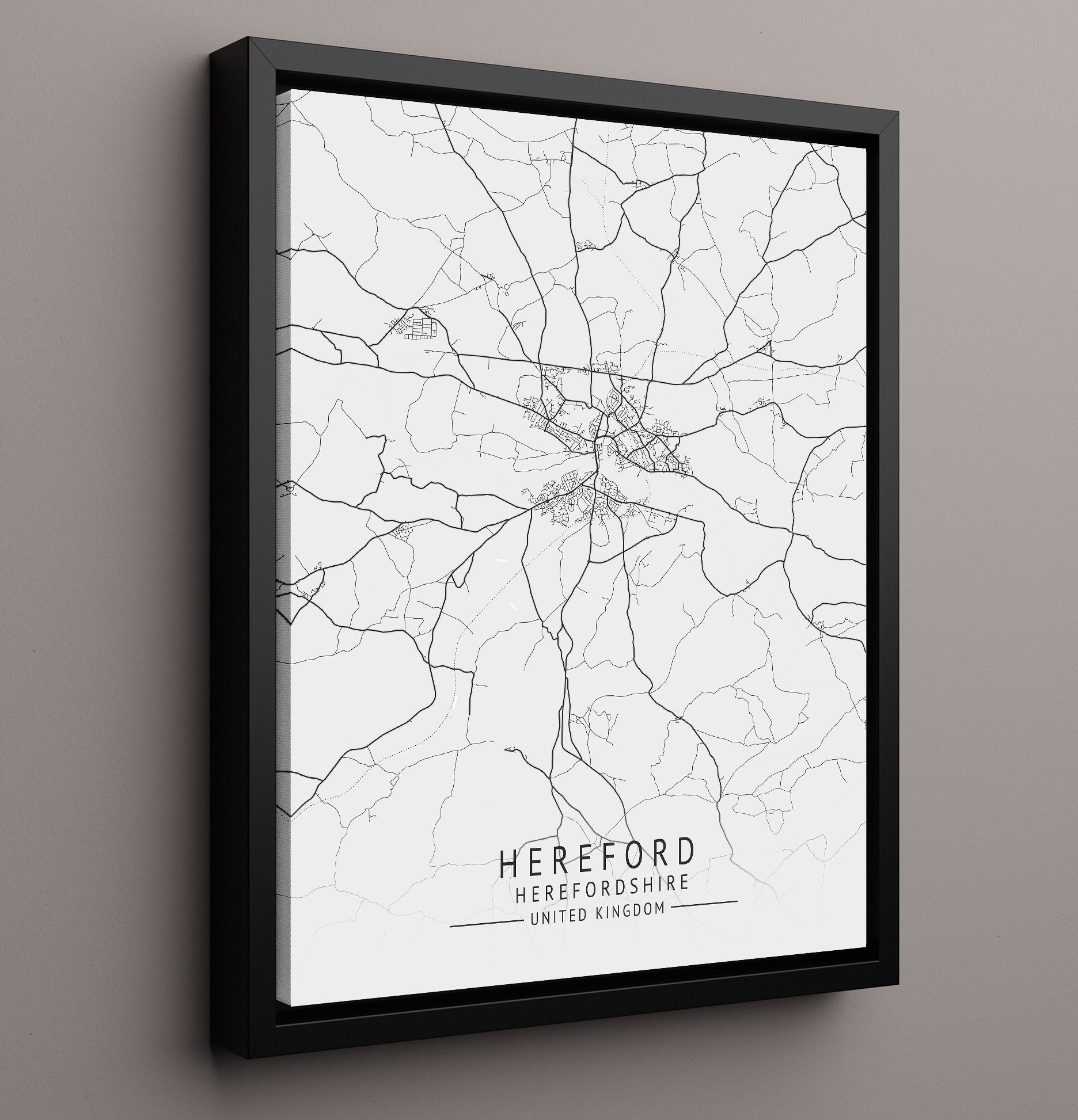 City Map Print - Hereford - Herefordshire UK City Map 16x20 Framed Canvas city map wall art print – UK City Map decor