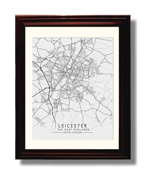 City Map Print - Leicester - The East Midlands UK City Map 8x10 Beveled Frame city map wall art print – UK City Map decor