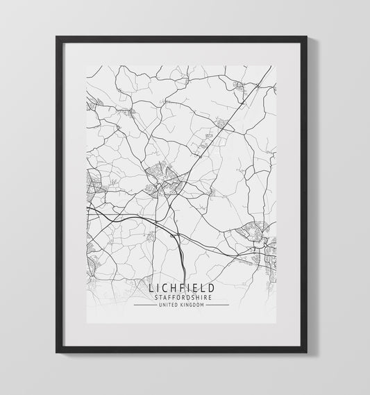 City Map Print - Lichfield - Staffordshire UK City Map 16x20 16x20 Gallery Framed Artworkd Artwork wall art print – vintage decor