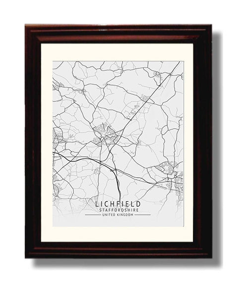 City Map Print - Lichfield - Staffordshire UK City Map 8x10 Beveled Frame city map wall art print – UK City Map decor