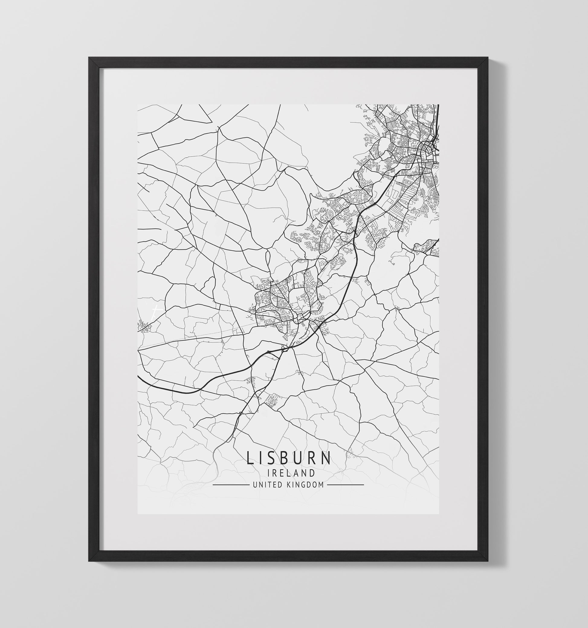 City Map Print - Lisburn - Ireland UK City Map 16x20 Gallery Frame city map wall art print – UK City Map decor