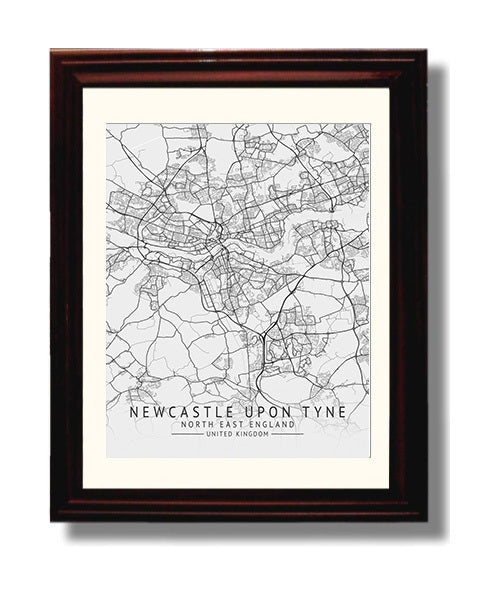 City Map Print - Newcastle Upon Tyne - North East England UK City Map 8x10 Beveled Frame city map wall art print – UK City Map decor