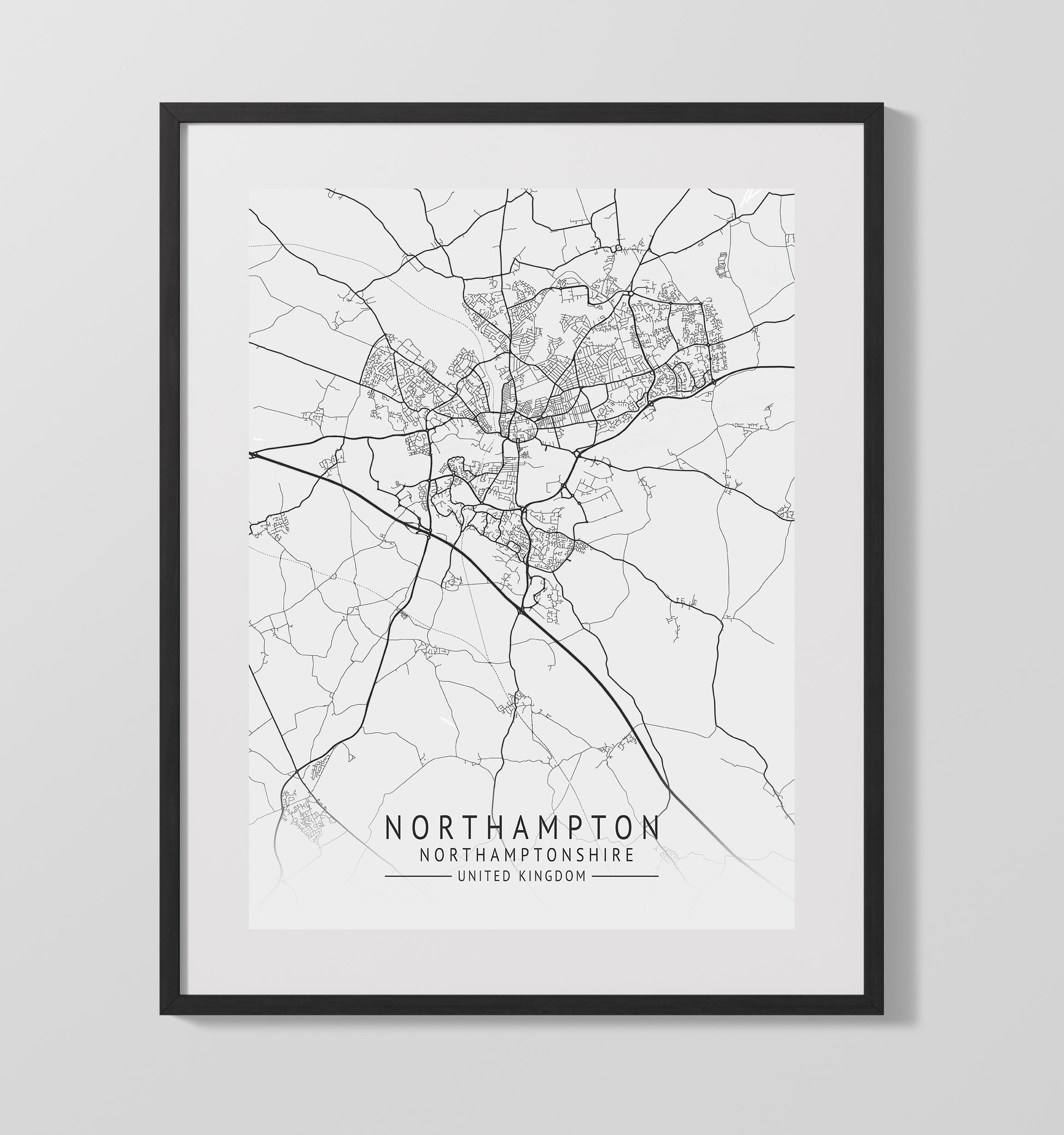 City Map Print - Northampton - Northamptonshire UK City Map 16x20 Gallery Frame city map wall art print – UK City Map decor