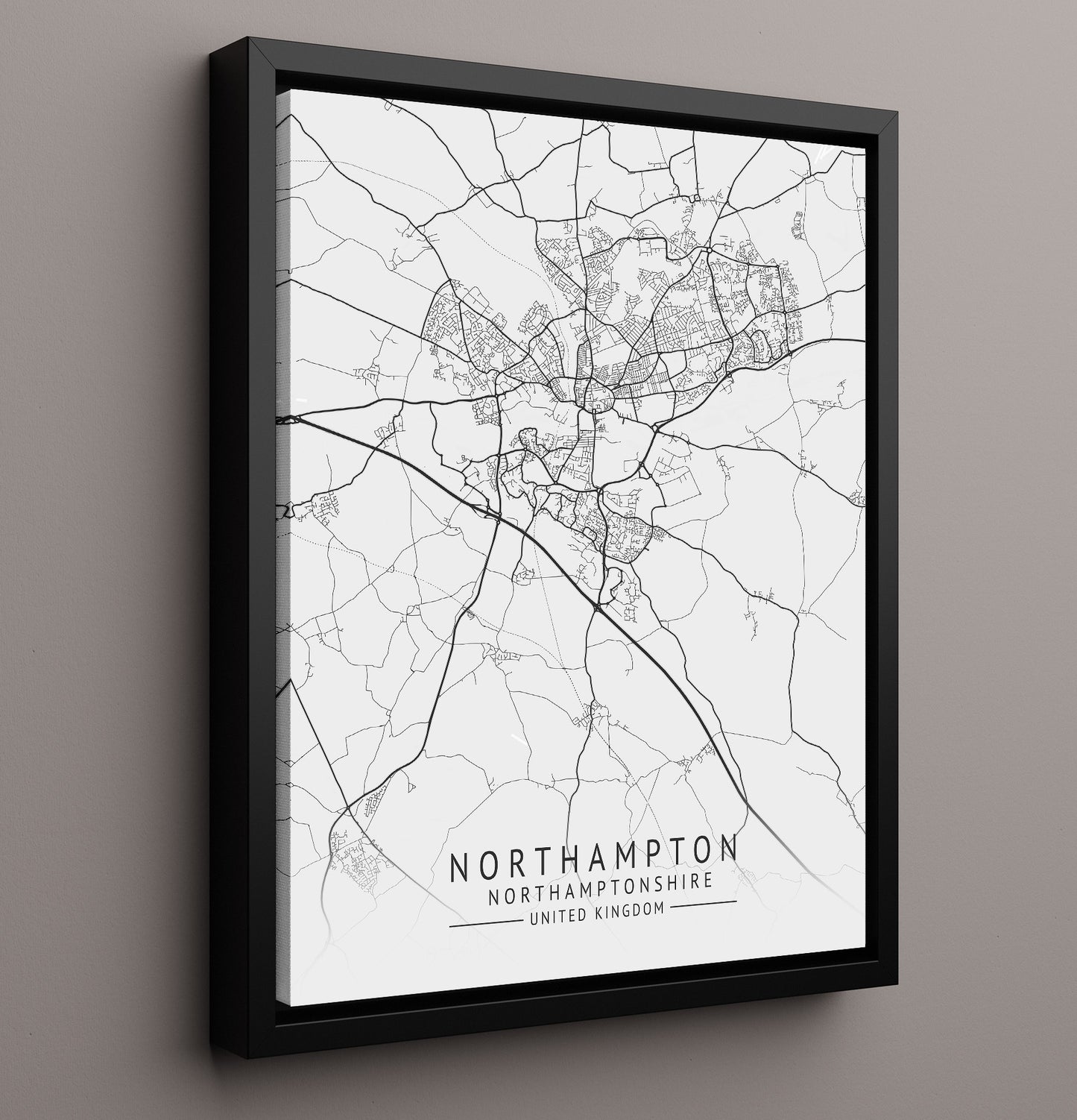 City Map Print - Northampton - Northamptonshire UK City Map 16x20 Framed Canvas city map wall art print – UK City Map decor