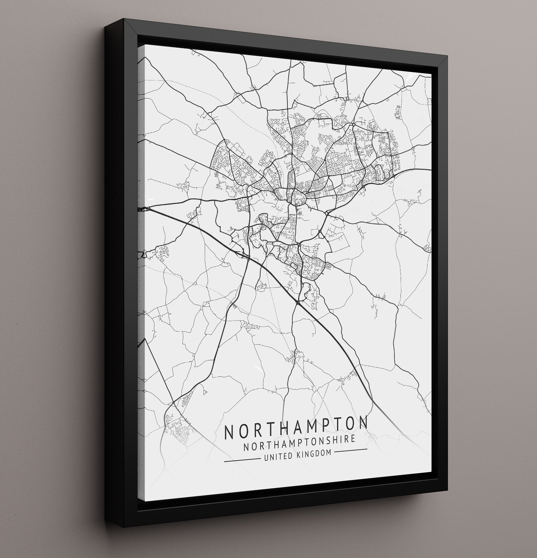 City Map Print - Northampton - Northamptonshire UK City Map 16x20 Framed Canvas city map wall art print – UK City Map decor