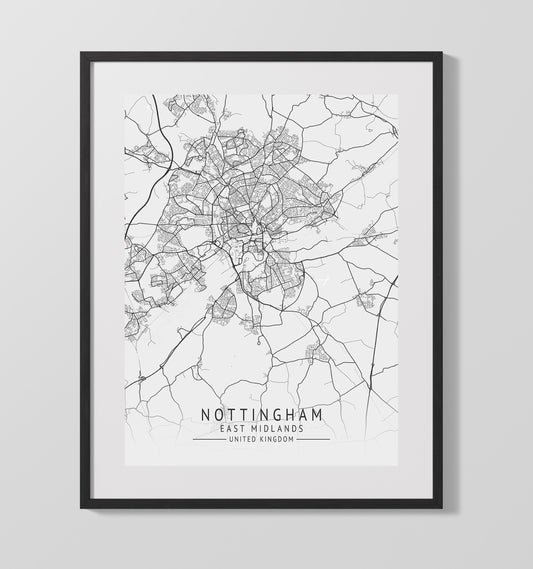 City Map Print - Nottingham - East Midlands UK City Map 16x20 16x20 Gallery Framed Artworkd Artwork wall art print – vintage decor