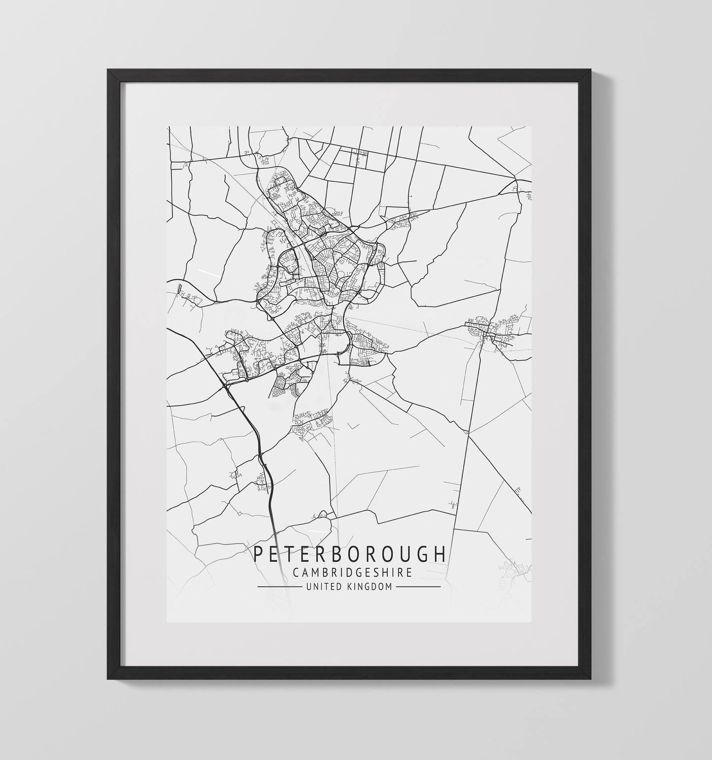 City Map Print - Peterborough - Cambridgeshire UK City Map 16x20 Gallery Frame city map wall art print – UK City Map decor
