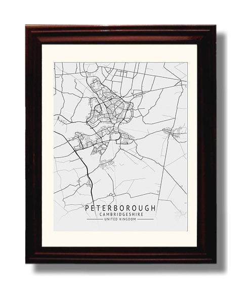 City Map Print - Peterborough - Cambridgeshire UK City Map 8x10 Beveled Frame city map wall art print – UK City Map decor