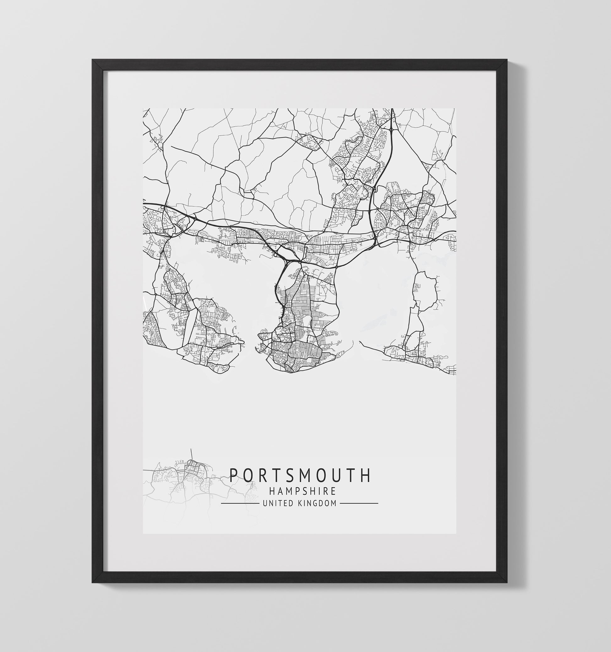 City Map Print - Portsmouth - Hampshire UK City Map 16x20 Gallery Frame city map wall art print – UK City Map decor