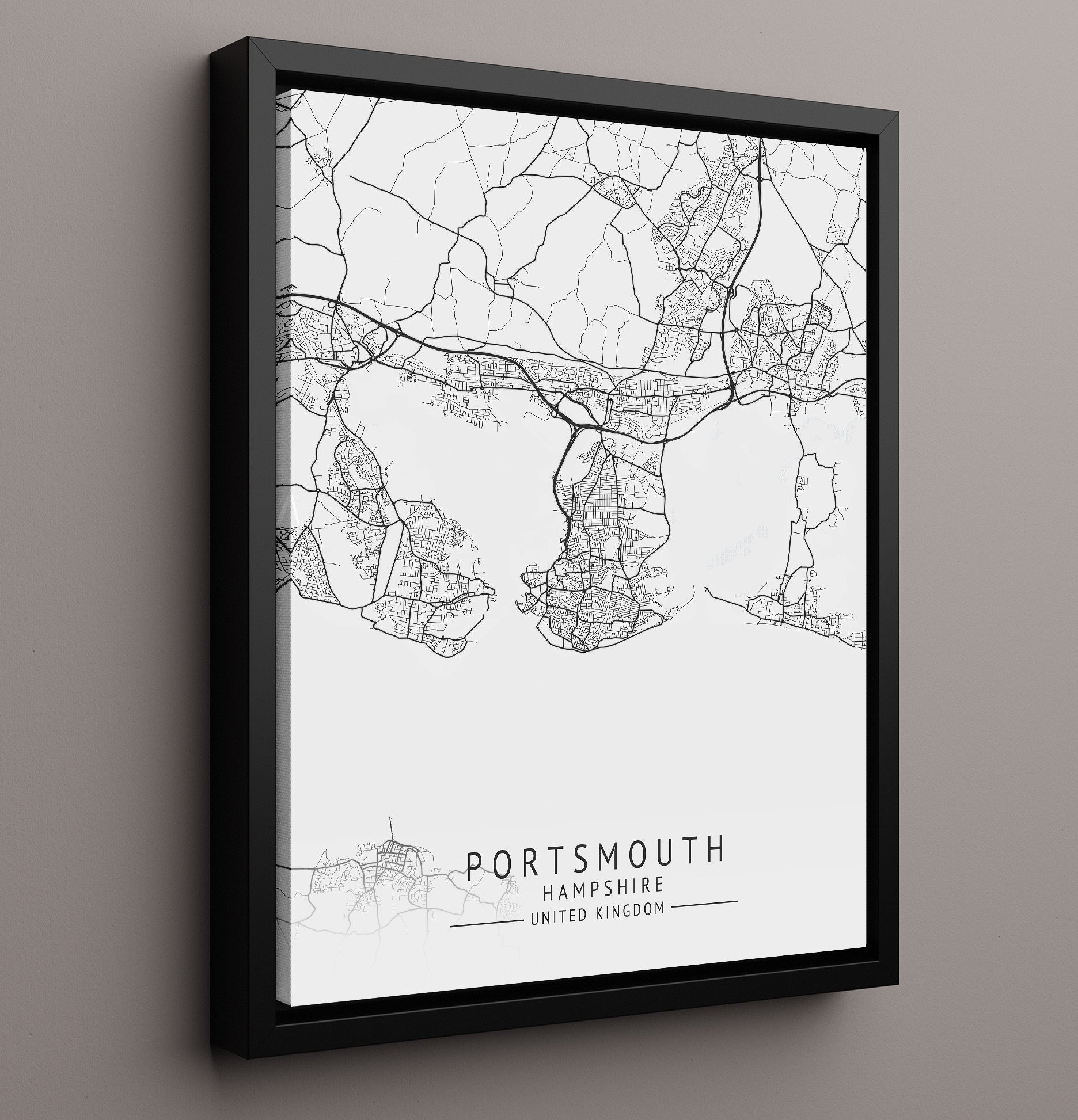 City Map Print - Portsmouth - Hampshire UK City Map 16x20 Framed Canvas city map wall art print – UK City Map decor