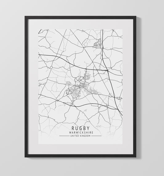 City Map Print - Rugby - Warwickshire UK City Map 16x20 16x20 Gallery Framed Artworkd Artwork wall art print – vintage decor