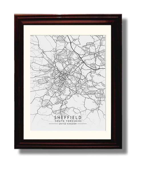 City Map Print - Sheffield - South Yorkshire UK City Map 8x10 Beveled Frame city map wall art print – UK City Map decor