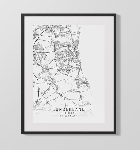 City Map Print - Sunderland - North East UK City Map 16x20 16x20 Gallery Framed Artworkd Artwork wall art print – vintage decor