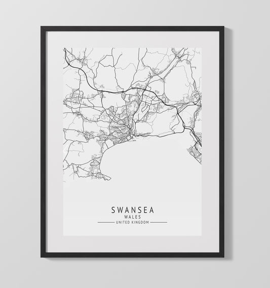 City Map Print - Swansea - Wales UK City Map 16x20 16x20 Gallery Framed Artworkd Artwork wall art print – vintage decor
