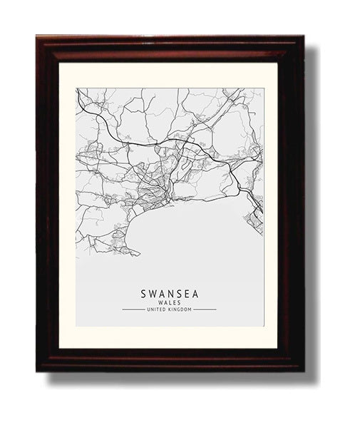 City Map Print - Swansea - Wales UK City Map 8x10 Beveled Frame city map wall art print – UK City Map decor