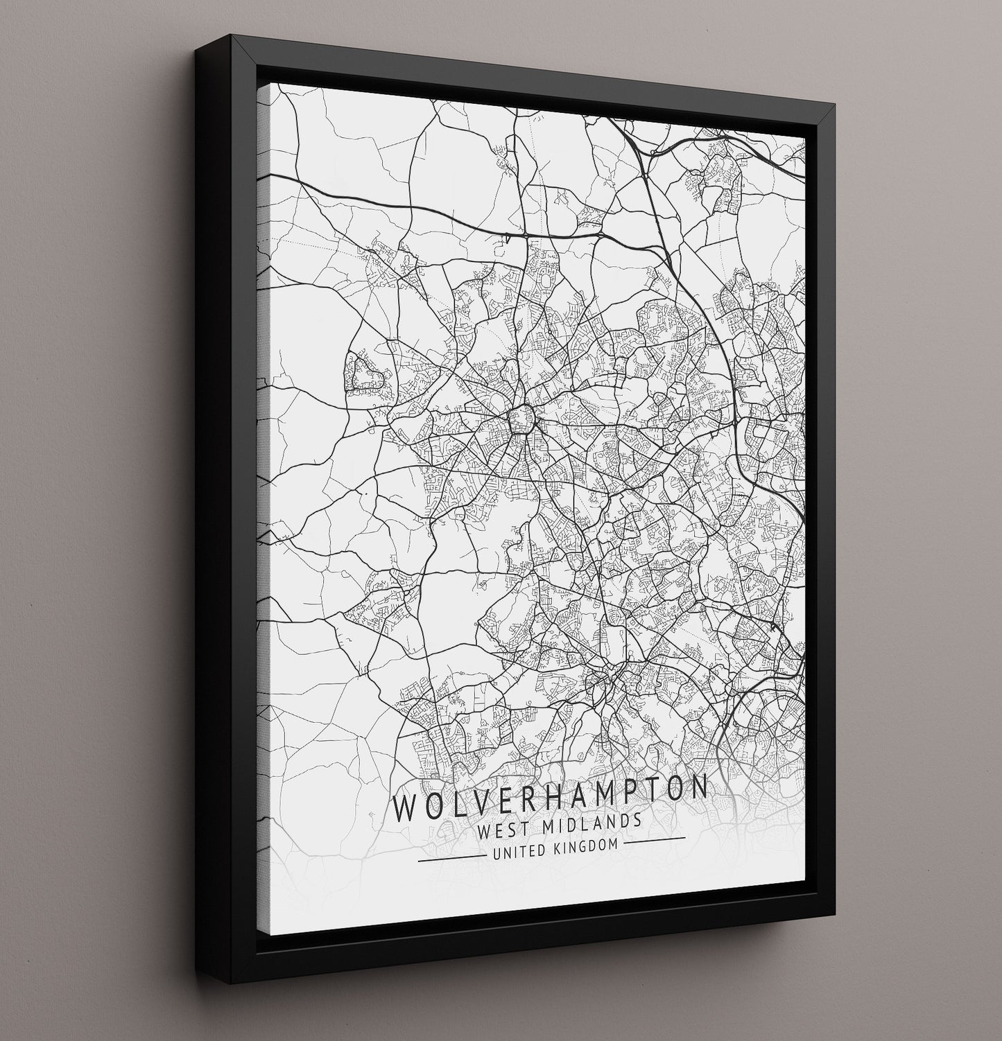City Map Print - Wolverhampton - West Midlands UK City Map 16x20 Framed Canvas city map wall art print – UK City Map decor