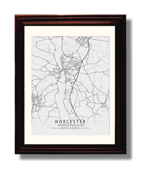 City Map Print - Worcester - Worcestershire UK City Map 8x10 Beveled Frame city map wall art print – UK City Map decor