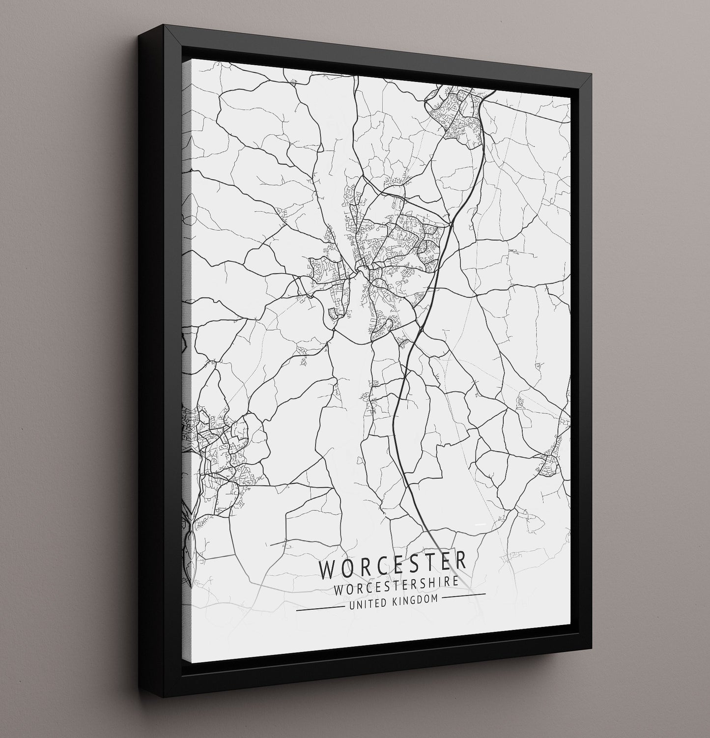 City Map Print - Worcester - Worcestershire UK City Map 16x20 Framed Canvas city map wall art print – UK City Map decor