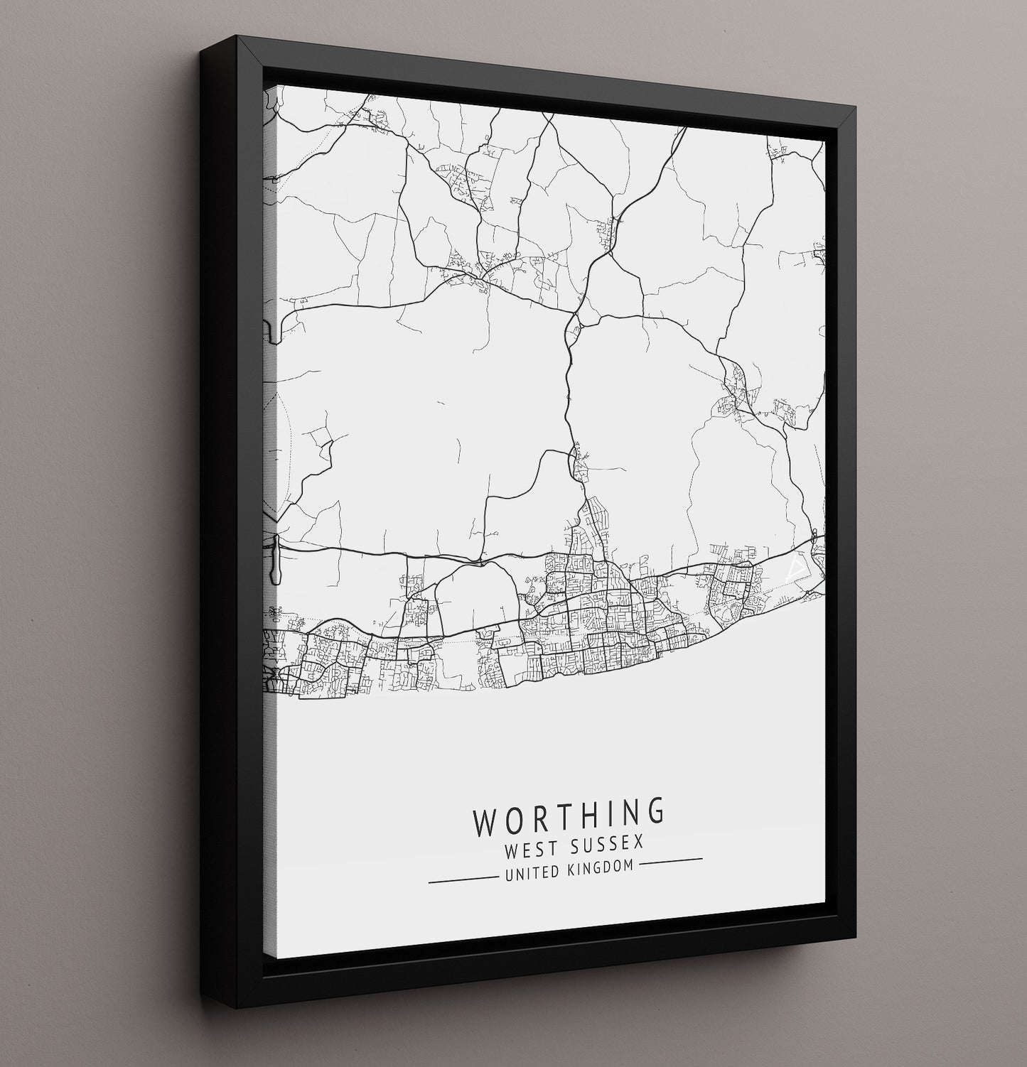 City Map Print - Worthing - West Sussex UK City Map 16x20 Framed Canvas city map wall art print – UK City Map decor