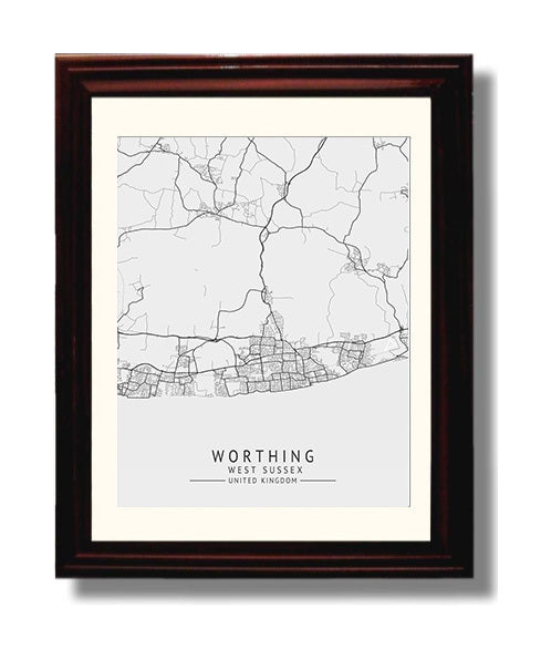City Map Print - Worthing - West Sussex UK City Map 8x10 Beveled Frame city map wall art print – UK City Map decor
