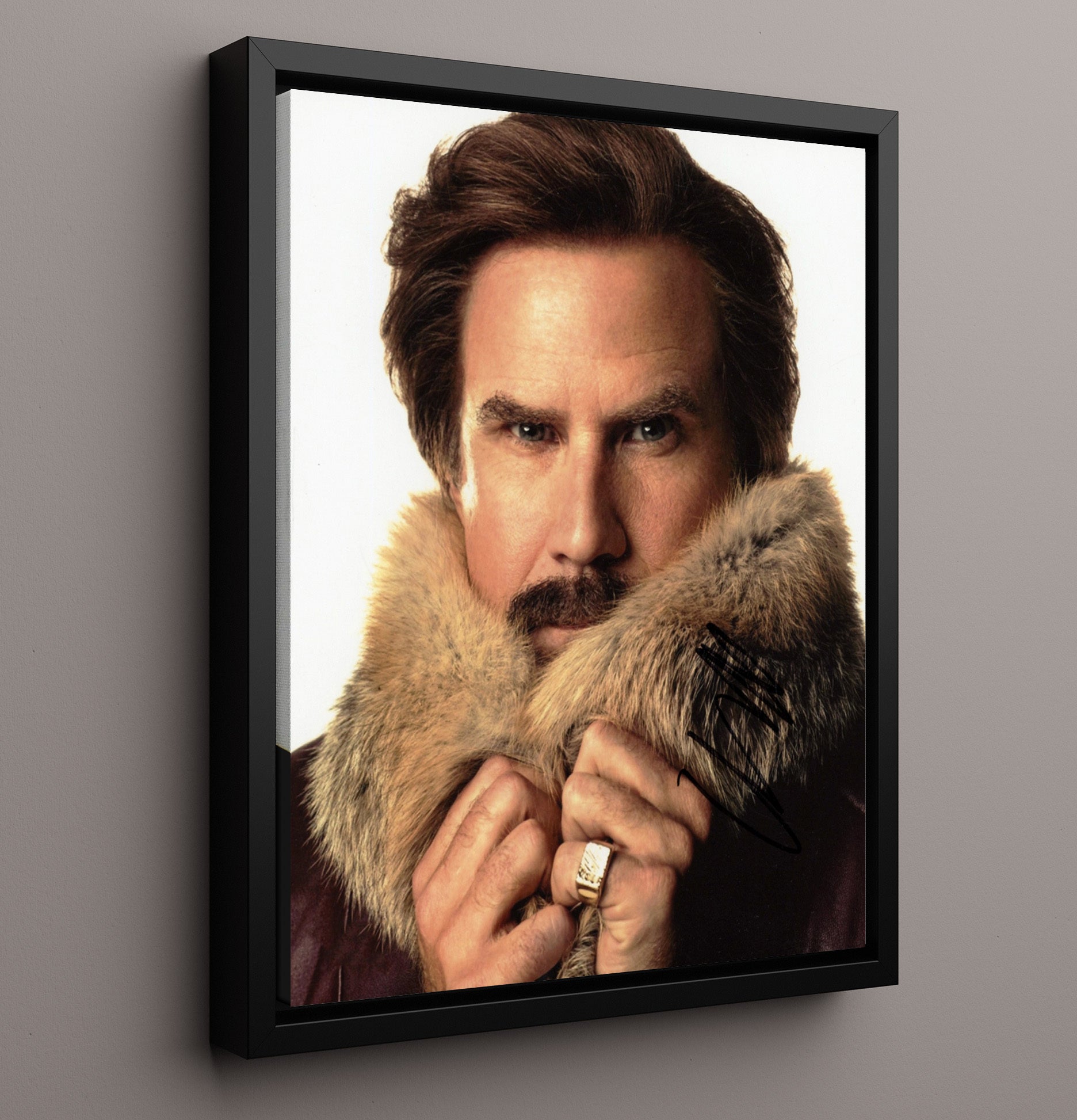 Anchorman - Will Ferrell - Ron BurgundyFur Coat News Pose Vintage Movie Wall Art - 16x20 Framed Canvas movie decor