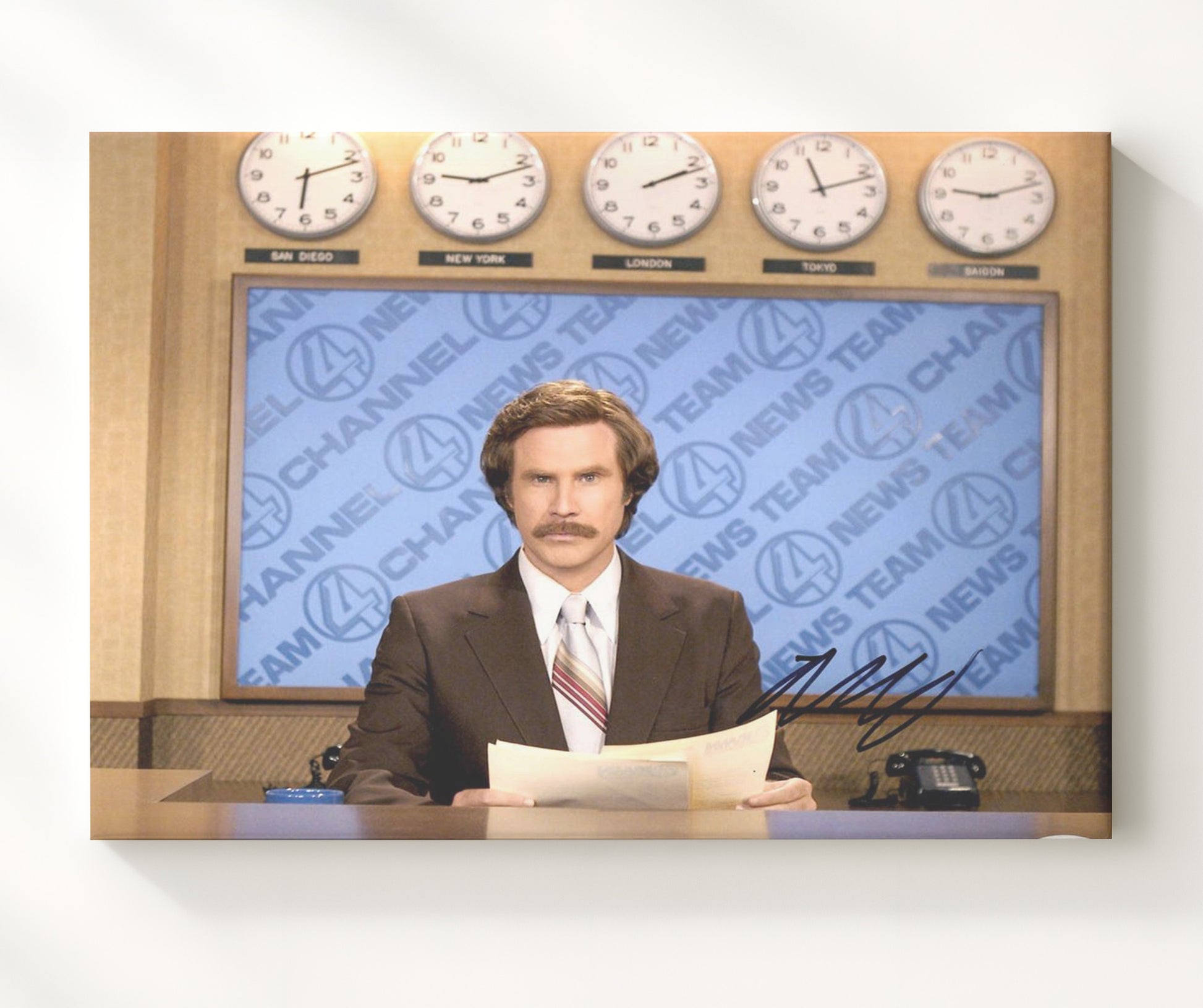 Anchorman - Will Ferrell - Ron Burgundy - News Desk Broadcast Vintage Movie Wall Art - 20x24 Canvas movie decor