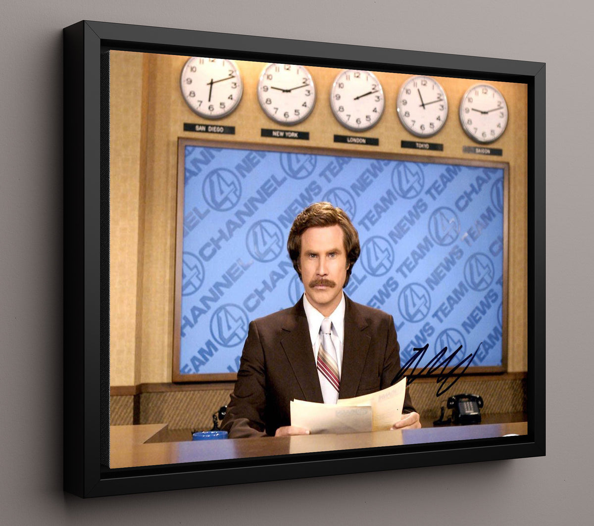 Anchorman - Will Ferrell - Ron Burgundy - News Desk Broadcast movie wall art 16x20 Framed Canvas