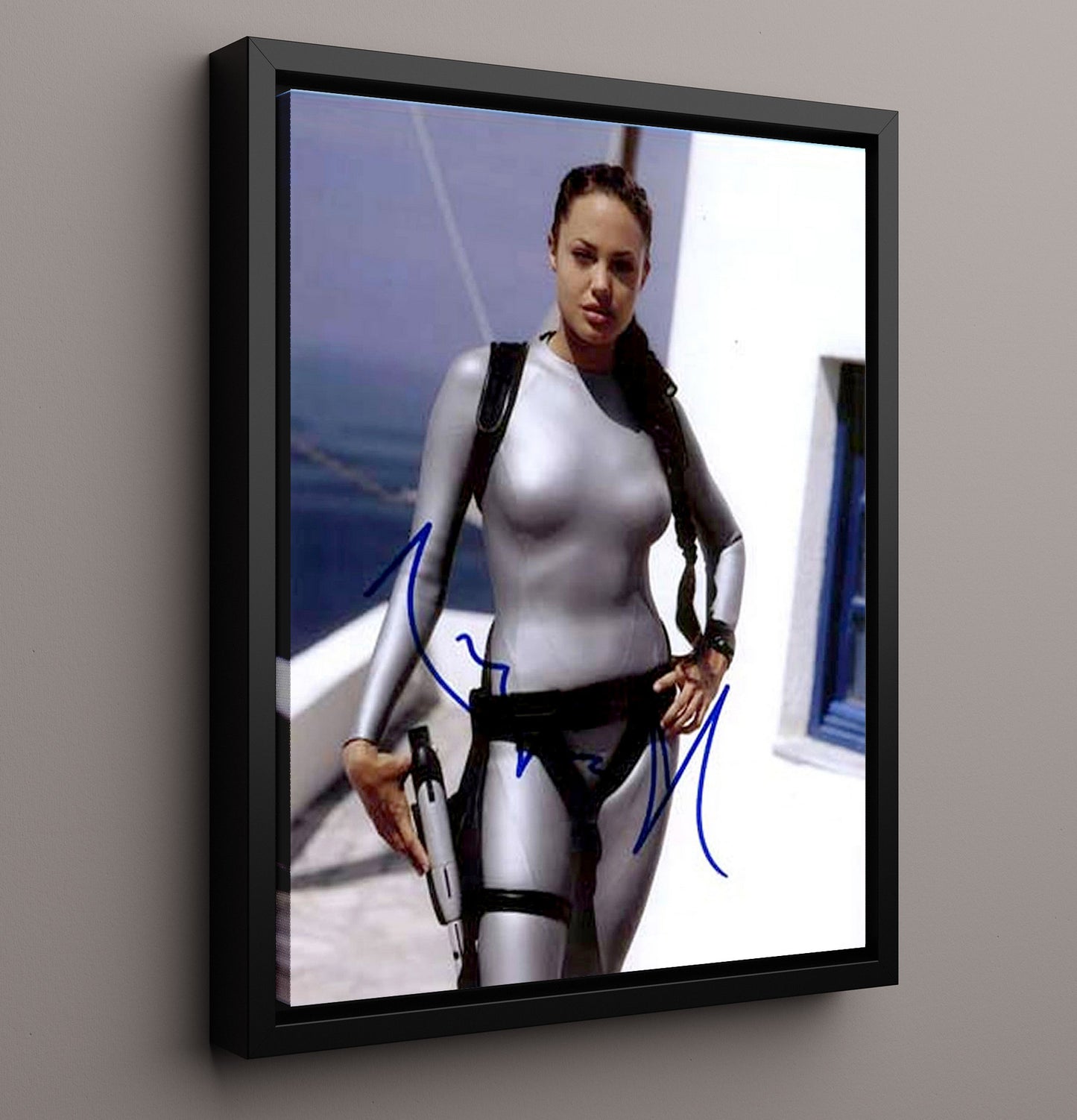 Angelina Jolie - Tomb Raider Lara Croft Silver Suit Action Pose Vintage Movie Wall Art - 16x20 Framed Canvas movie decor