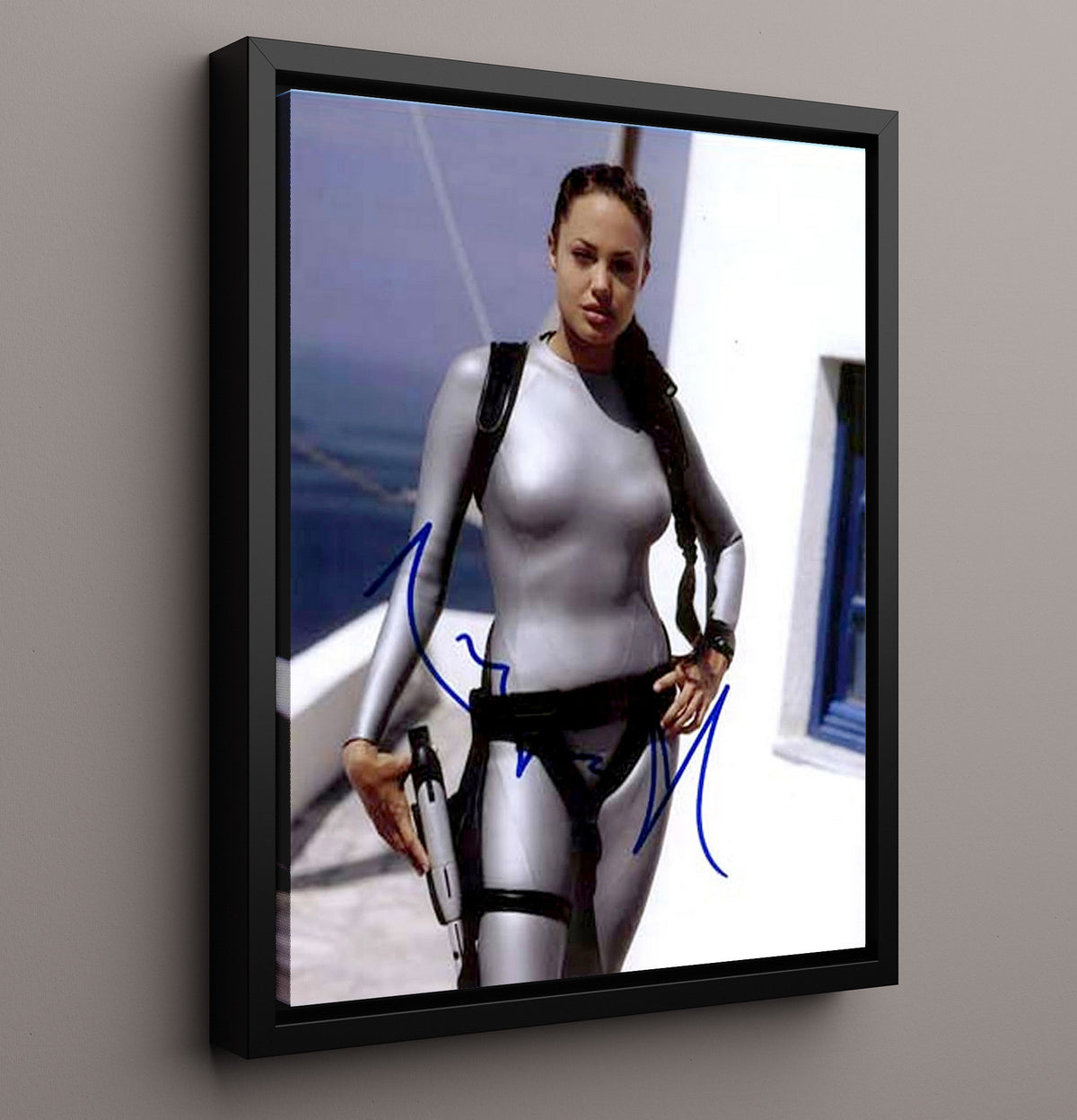 Angelina Jolie - Tomb Raider Lara Croft Silver Suit Action Pose movie wall art 16x20 Framed Canvas