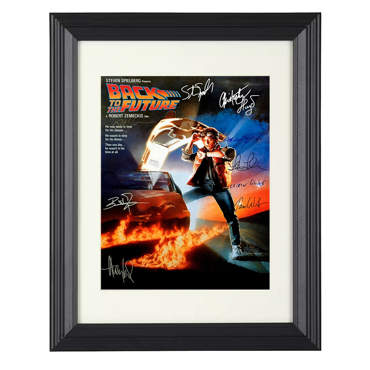 Back to the Future – Time Machine Cast Image – 8x10 black beveled framed movie wall art