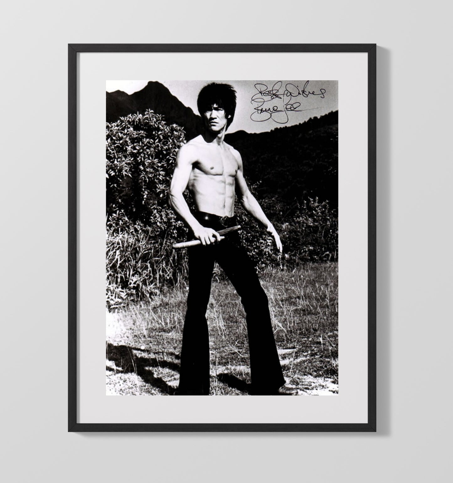 Bruce Lee - Martial Arts Icon Nunchaku Training Pose Vintage Movie Wall Art - 16x20 Gallery Frame movie decor
