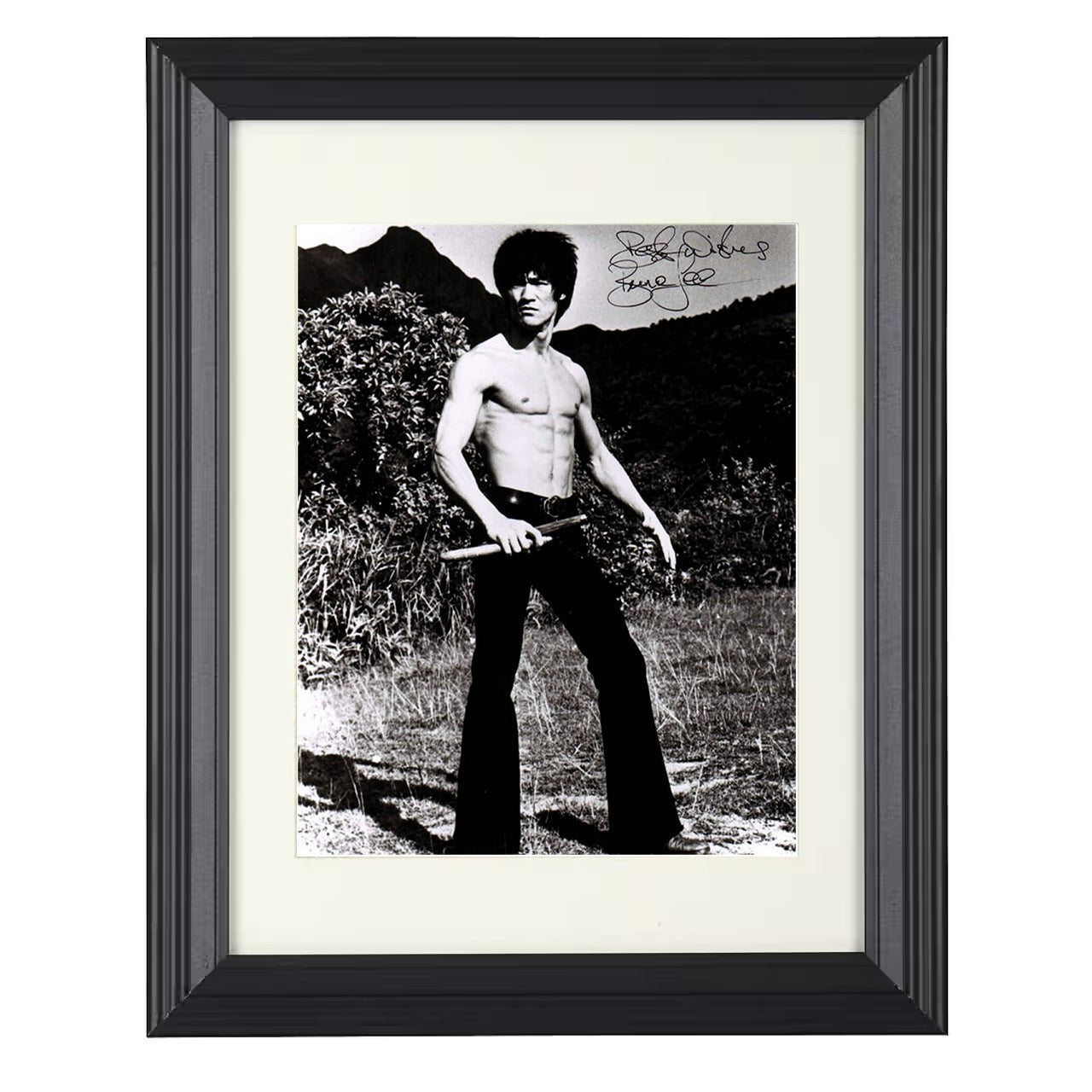Bruce Lee – Martial Arts Icon Nunchaku Training Pose – 8x10 black beveled framed movie wall art
