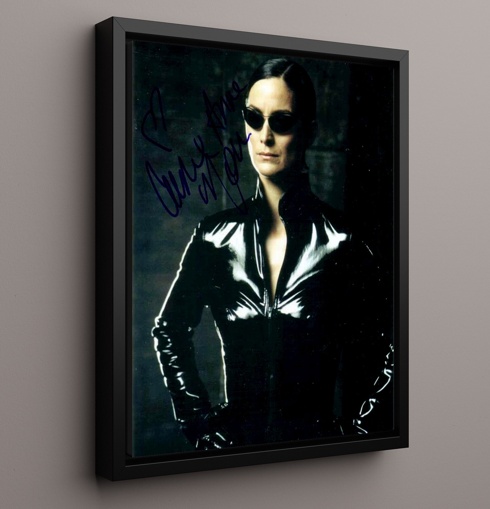 Carrie-Anne Moss - The Matrix Reloaded Trinity Gloss Black Tactical Look Vintage Movie Wall Art - 16x20 Framed Canvas movie decor