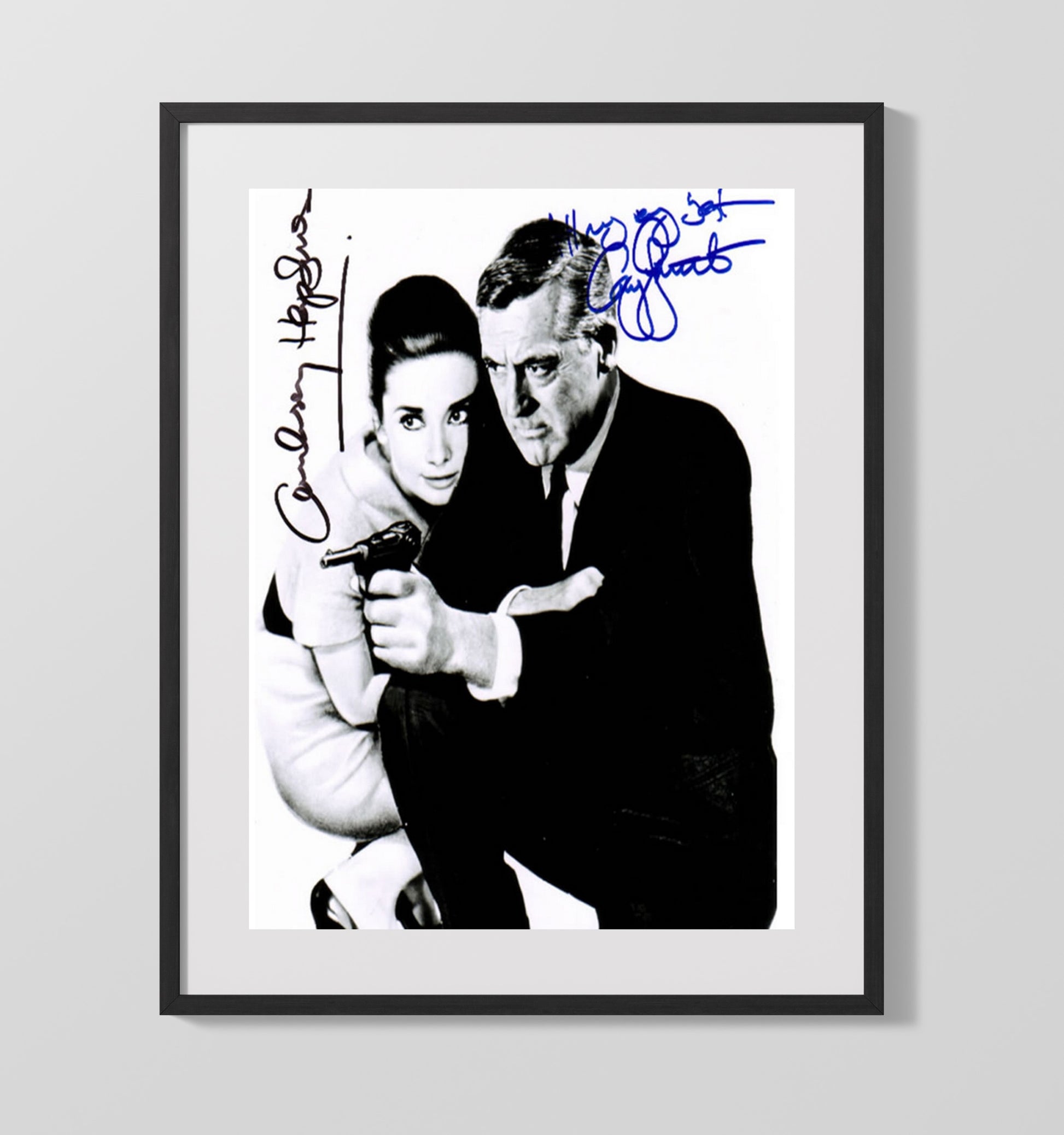 Cary Grant and Audrey Hepburn - Charade Peter Joshua and Regina Lampert Suspense Duo Vintage Movie Wall Art - 16x20 Gallery Frame movie decor