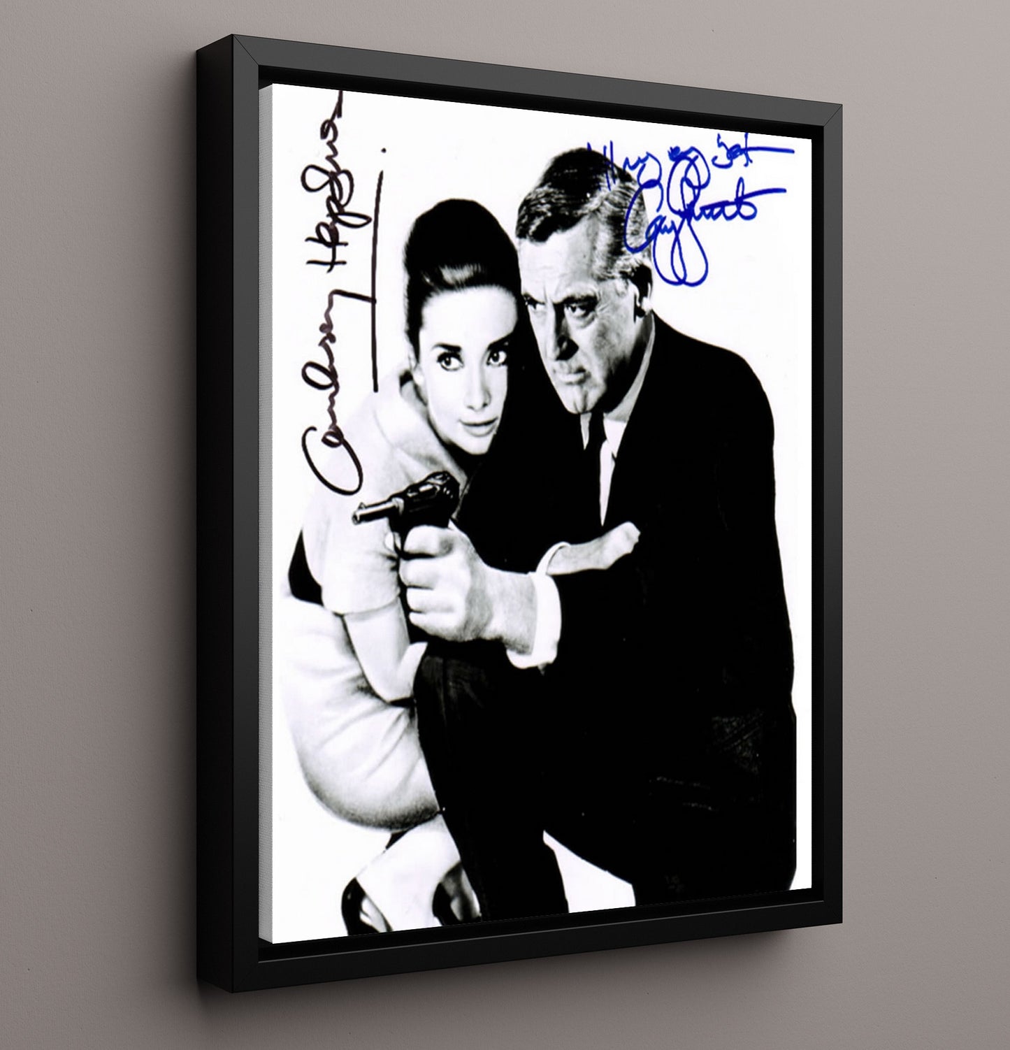Cary Grant and Audrey Hepburn - Charade Peter Joshua and Regina Lampert Suspense Duo movie wall art 16x20 Framed Canvas