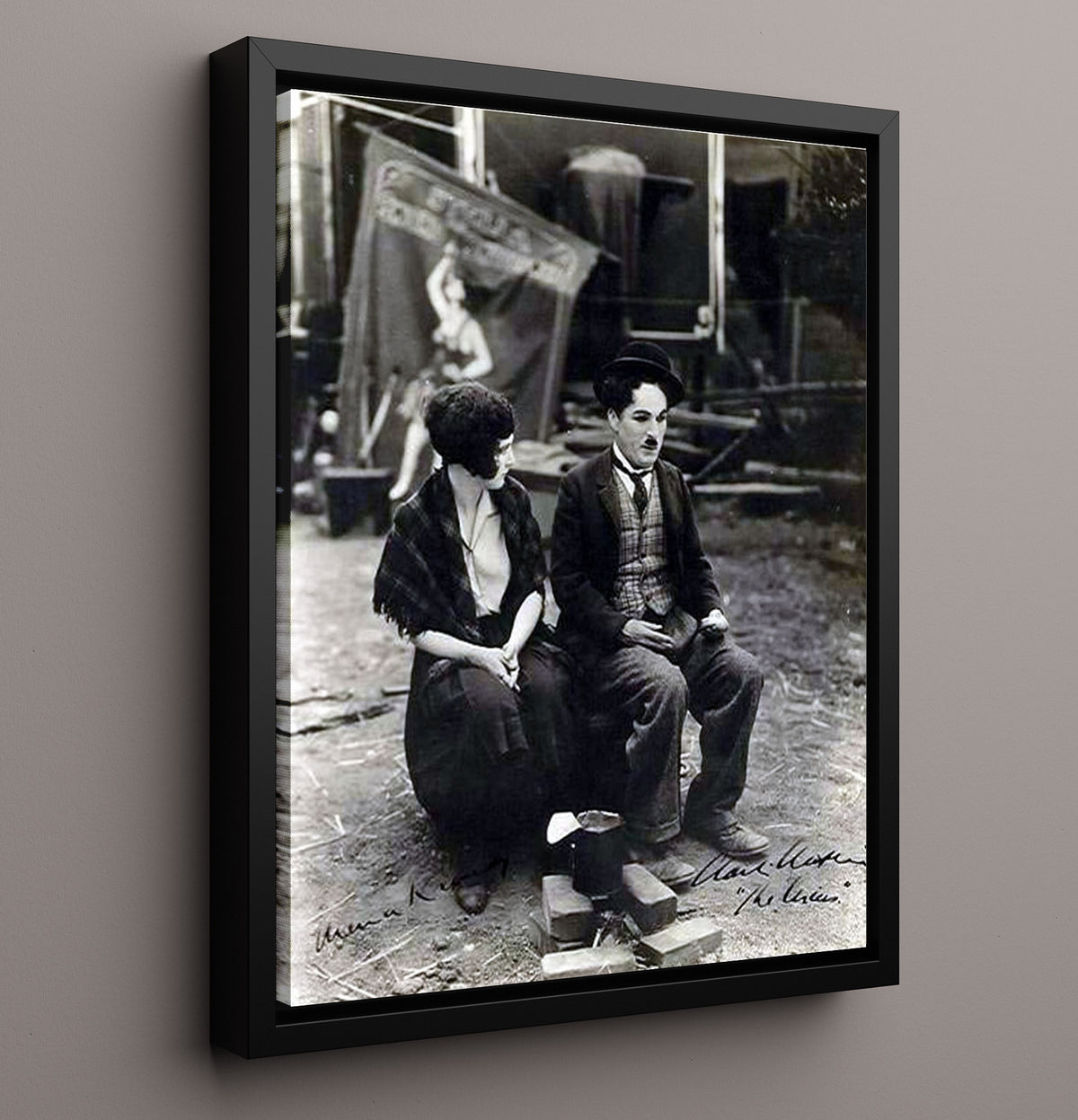 Charlie Chaplin and Edna Purviance - Silent Film Set Benchside Moment movie wall art 16x20 Framed Canvas