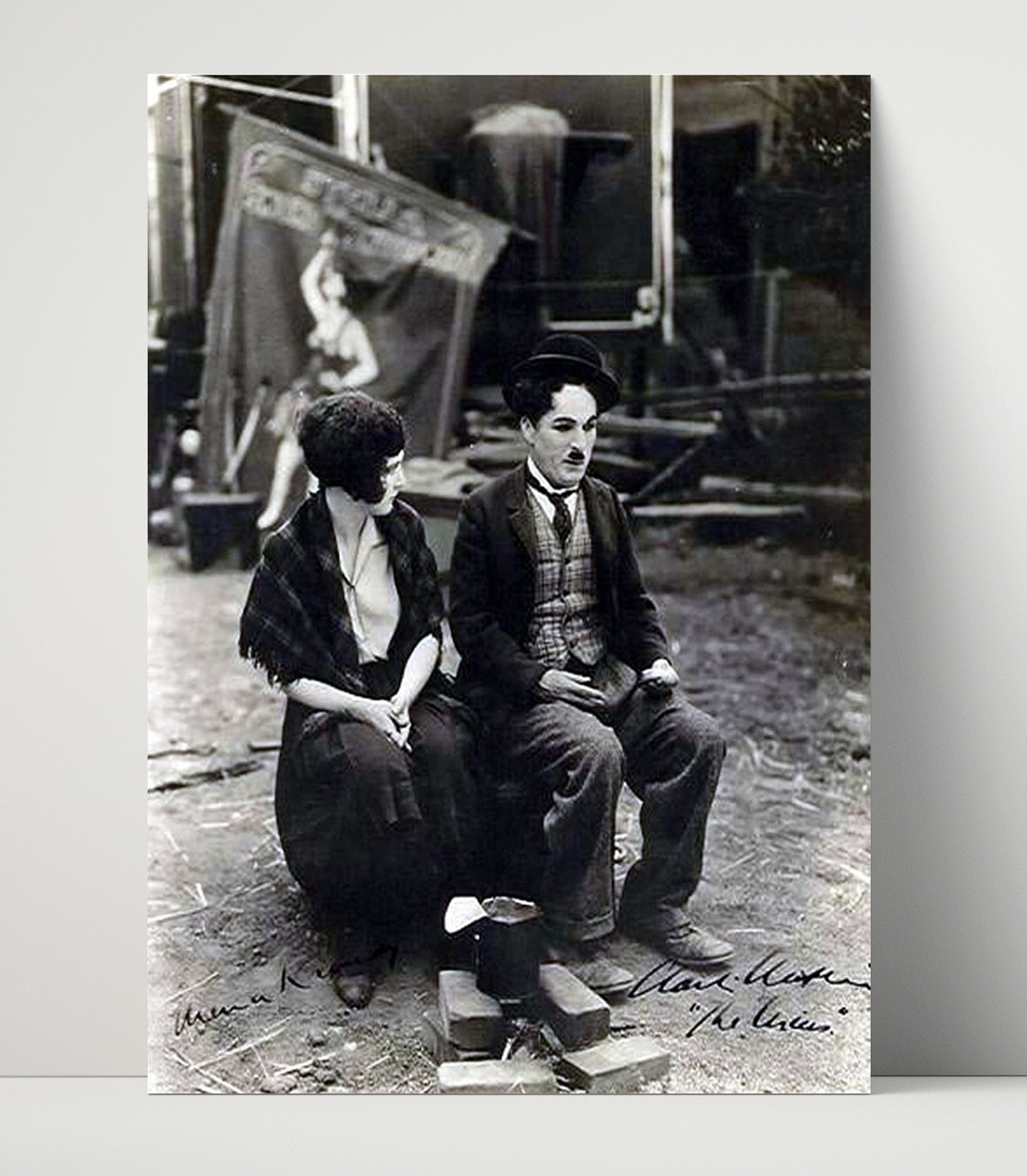 Charlie Chaplin and Edna Purviance - Silent Film Set Benchside Moment Vintage Movie Wall Art - 16x20 Unframed Print movie decor