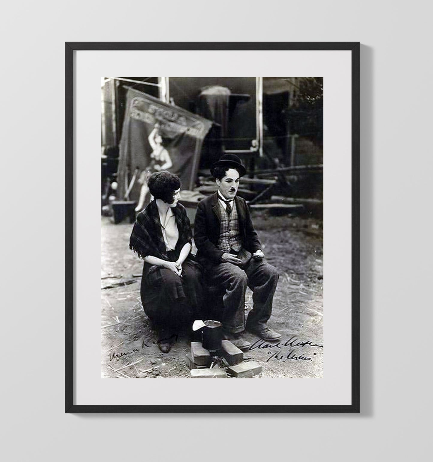 Charlie Chaplin and Edna Purviance - Silent Film Set Benchside Moment Vintage Movie Wall Art - 16x20 Gallery Frame movie decor
