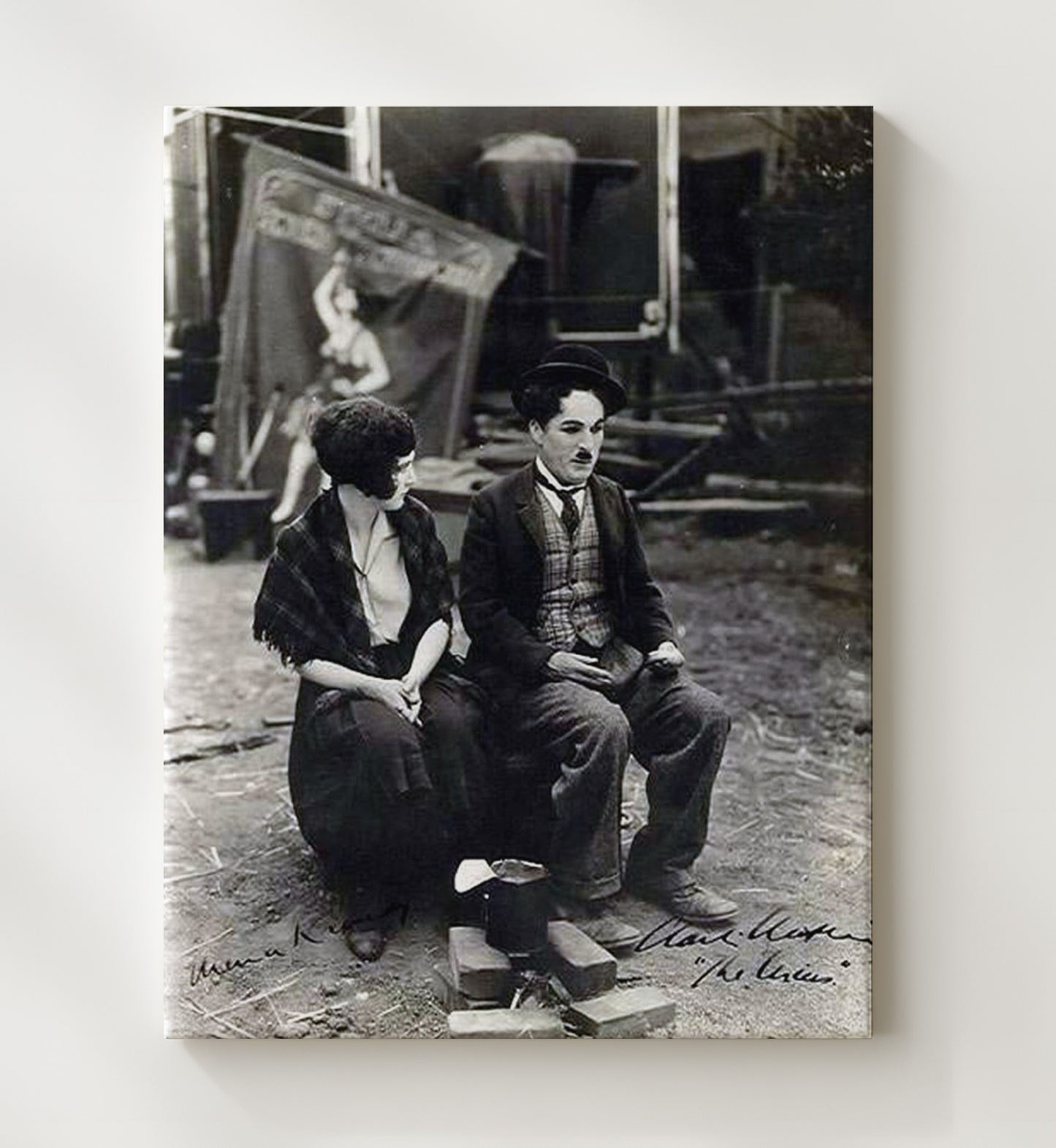 Charlie Chaplin and Edna Purviance - Silent Film Set Benchside Moment movie wall art 20x24 Canvas