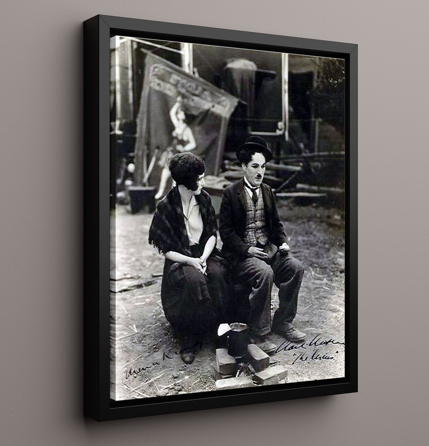 Charlie Chaplin and Edna Purviance - Silent Film Set Benchside Moment Vintage Movie Wall Art - 16x20 Framed Canvas movie decor