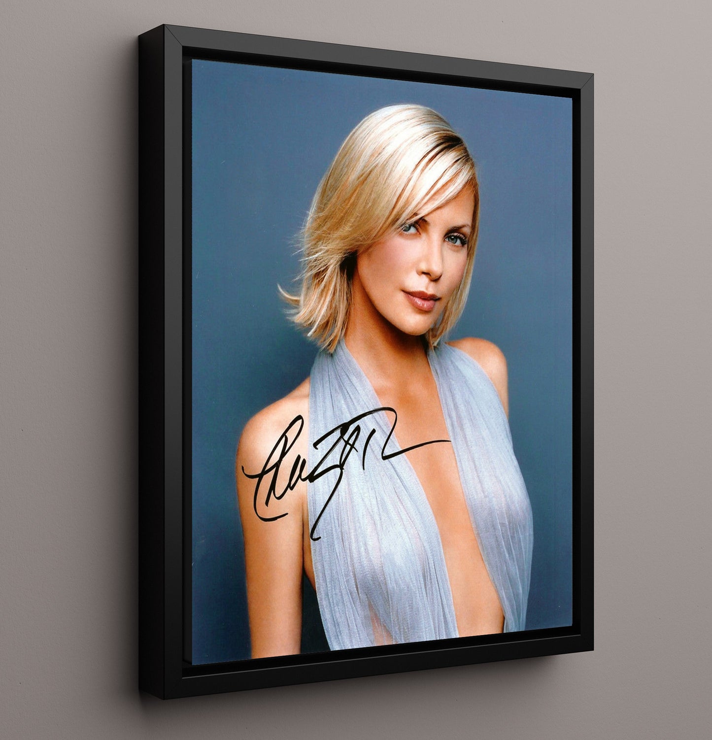 Charlize Theron - Hollywood Actress Silver Gown Studio Glamour Vintage Movie Wall Art - 16x20 Framed Canvas movie decor