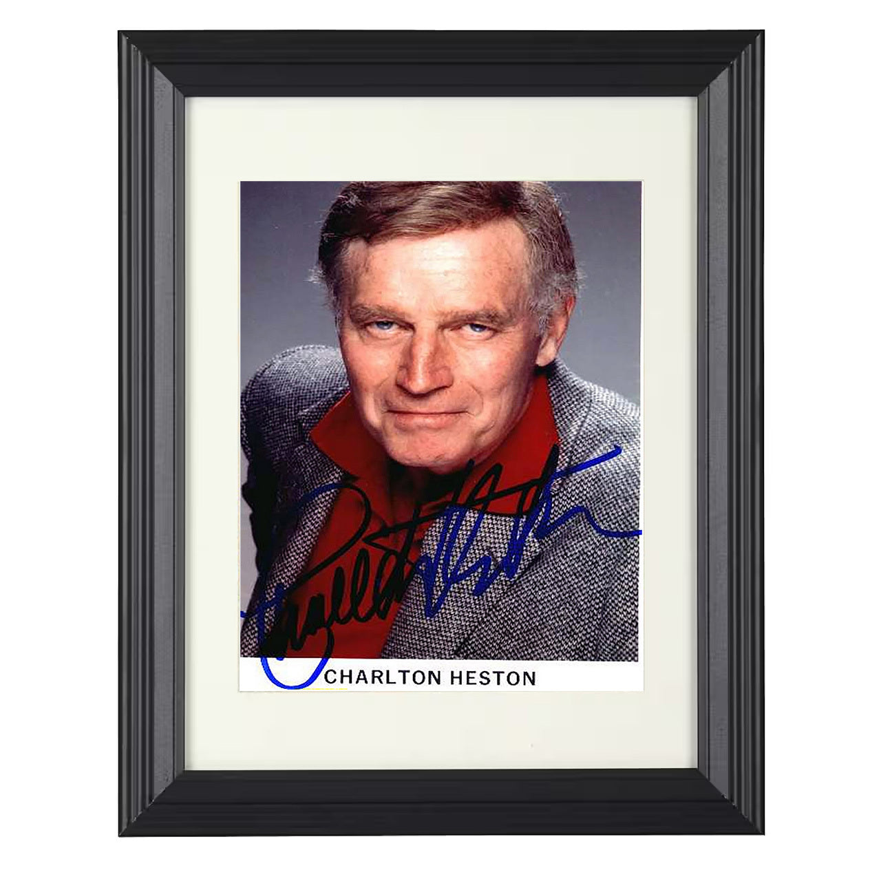 Charlton Heston – Classic Promotional Headshot in Red Collar – 8x10 black beveled framed movie wall art