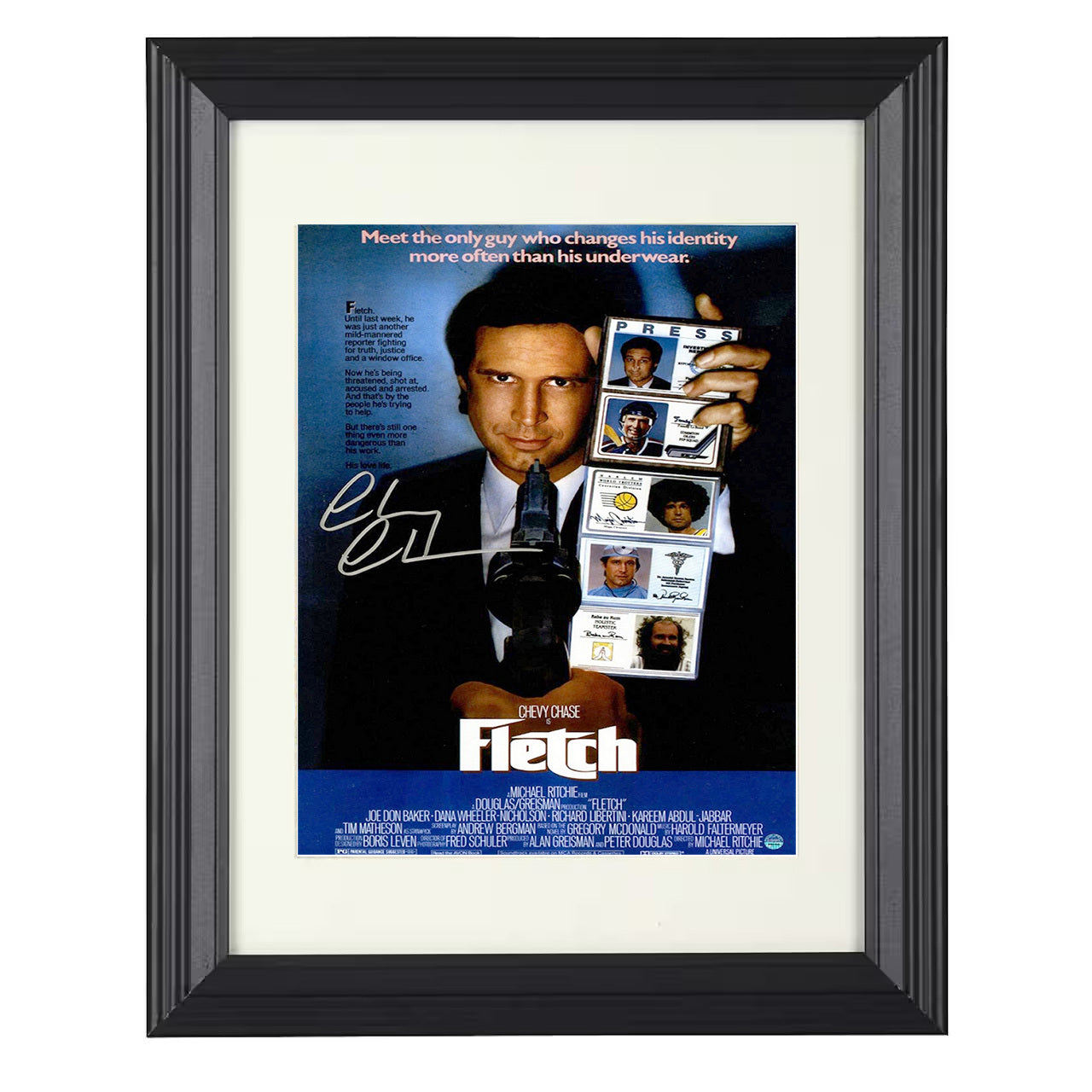 Chevy Chase – Fletch Disguise ID Card Movie Artwork – 8x10 black beveled framed movie wall art