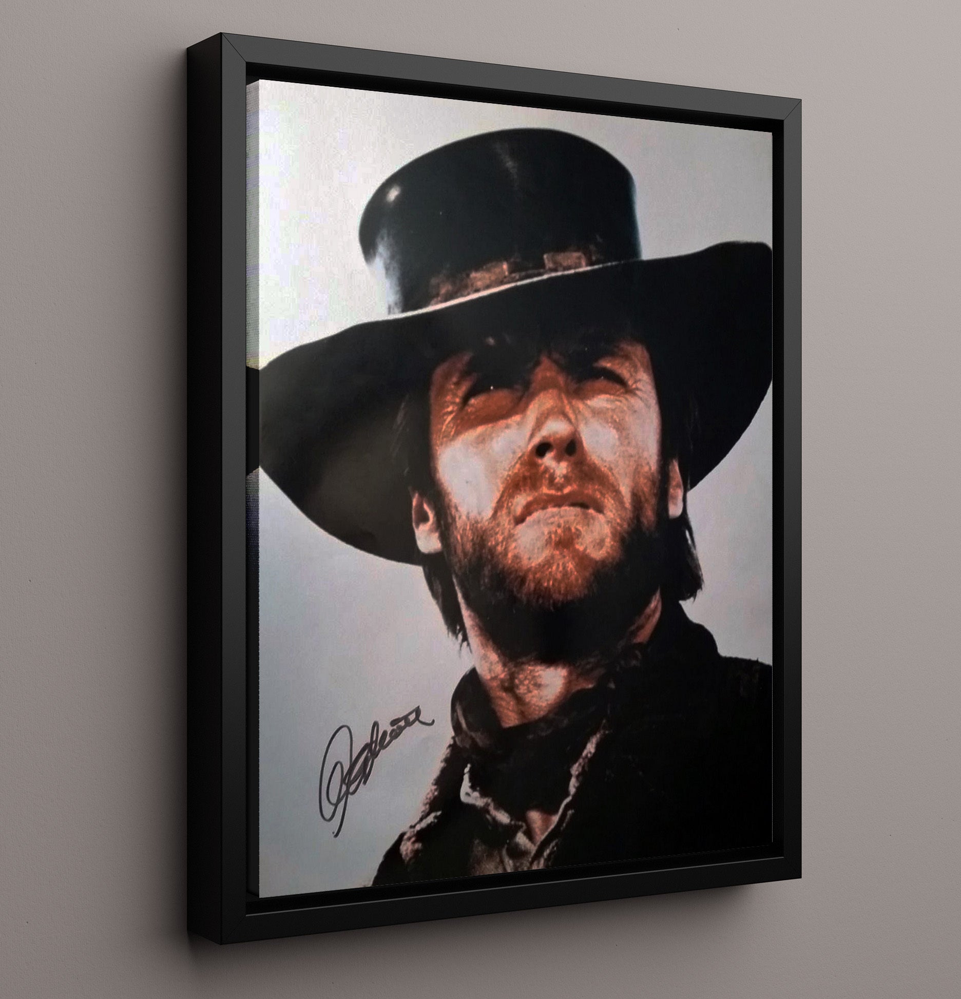 Clint Eastwood - Weathered Western Close-Up Under Black Hat Vintage Movie Wall Art - 16x20 Framed Canvas movie decor