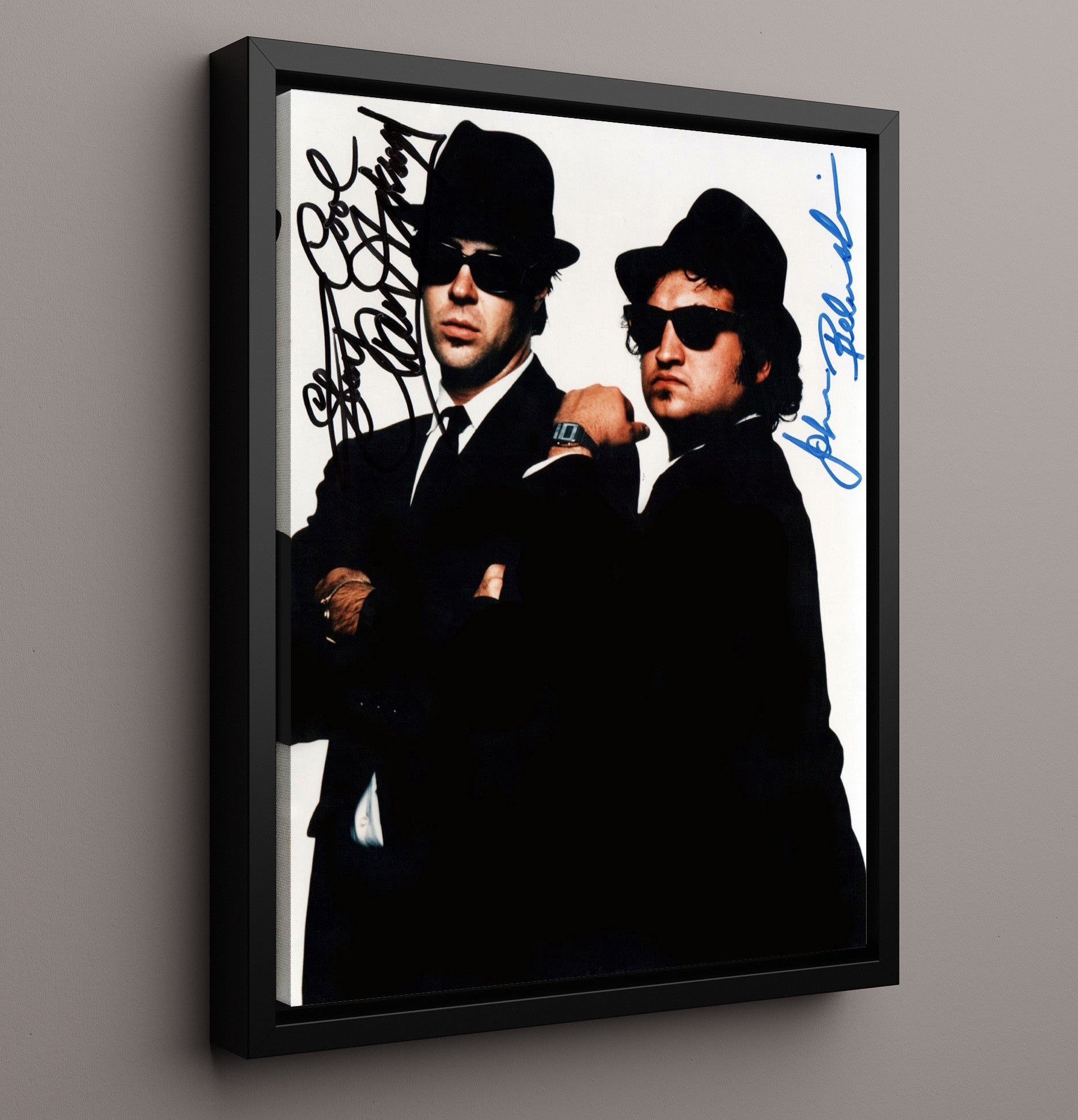 Dan Aykroyd and John Belushi - The Blues Brothers Jake and Elwood Blues Black Suit and Fedora Vintage Movie Wall Art - 16x20 Framed Canvas movie decor