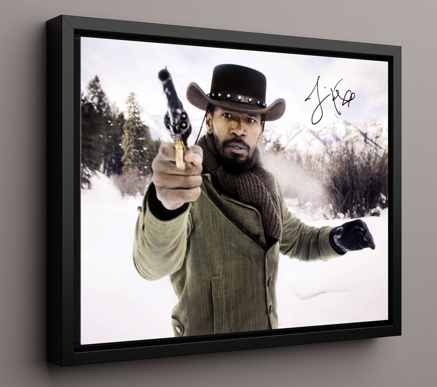 Django Unchained - Jamie Foxx - Django - Snowfield gunfire draw Vintage Movie Wall Art - 16x20 Framed Canvas movie decor