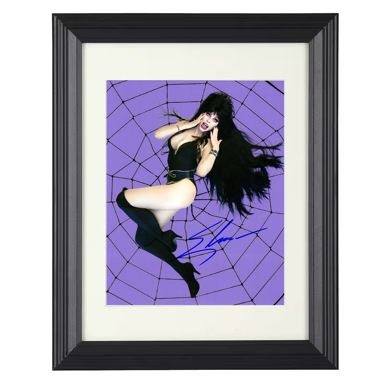 Elvira Mistress of the Dark – Elvira Spiderweb Pinup – 8x10 black beveled framed movie wall art