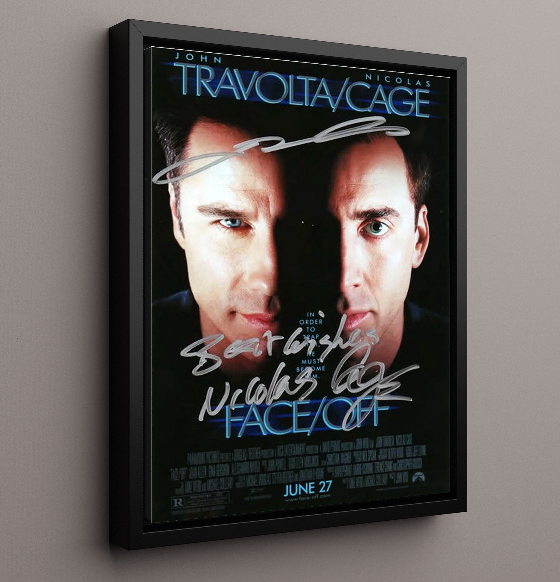 Face Off - John Travolta - Sean Archerand Nicolas Cage - Castor TroyDual Identity Showdown Vintage Movie Wall Art - 16x20 Framed Canvas movie decor