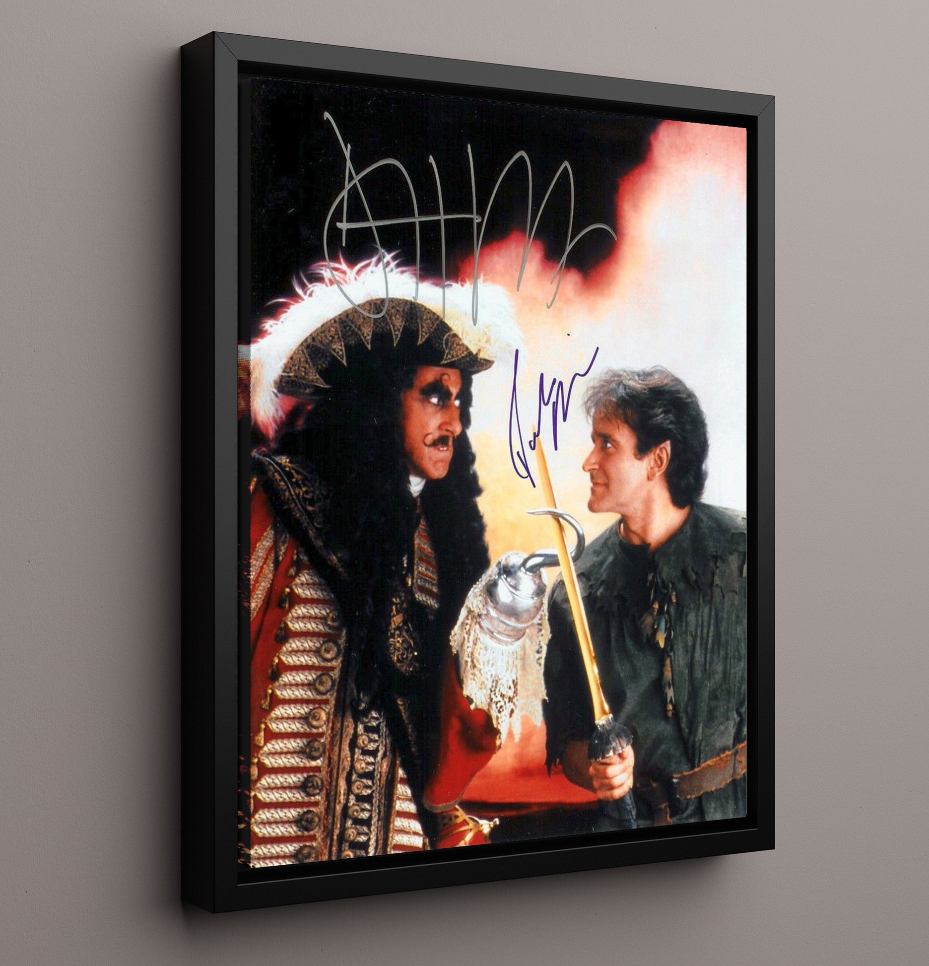 Hook - Dustin Hoffman - Captain Hookand Robin Williams - Peter PanSword Duel Showdown Vintage Movie Wall Art - 16x20 Framed Canvas movie decor